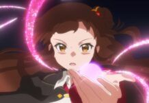 Spring 2025 Anime: Once Upon a Witch’s Death Screenshot from the reviewed anime episode showing the main character Meg reciting a spell upon a darkened background. Her left hand is stretched in front of her towards the camera with the palm opened facing up and swirls of pink energy gathered on top of the palm.