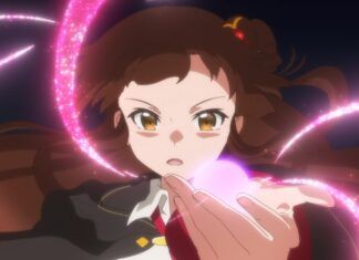 Screenshot from the reviewed anime episode showing the main character Meg reciting a spell upon a darkened background. Her left hand is stretched in front of her towards the camera with the palm opened facing up and swirls of pink energy gathered on top of the palm.