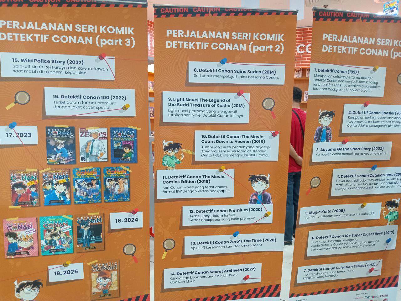 Photo of a timeline of the releases of various Detective Conan print media in Indonesia from a Detective Conan exhibition in Jakarta