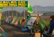 Para aktivis lingkungan yang berkemah diatas jalur KA | Foto: Grant Hindsley via AP