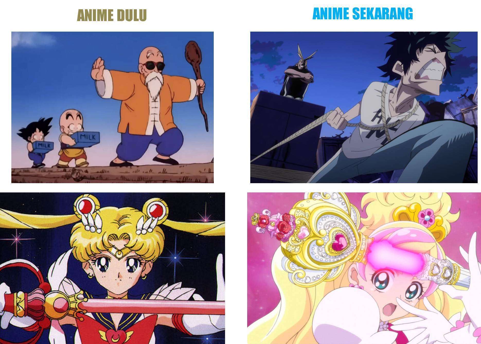 Bandingkan tiga ilustrasi yang digunakan dalam artikel ini. Gambar perbandingan dulu vs sekarang seperti ini hanya bisa menampilkan informasi dalam jumlah terbatas, sehingga gambaran utuh tiap-tiap zaman menjadi tersembunyi. Dengan seleksi yang bias, seorang pembuat gambar seperti ini bisa memutar-mutar kesan mengenai anime dari tiap-tiap zaman. Entah itu zaman dulu lebih baik dari sekarang; zaman dulu lebih buruk dari sekarang; zaman dulu dan sekarang sama buruknya; zaman dulu dan sekarang sama baiknya; atau hanya secara netral menunjukkan tema-tema dan unsur-unsur yang sama-sama ada dari dulu sampai sekarang, seperti gambar dua anime shonen dan dua anime magical girl yang satu ini. (Kiri: Dragon Ball (1986-1989) dan Sailor Moon (1992-1997). Kanan: My Hero Academia (2016) dan Go! Princess Precure (2015))
