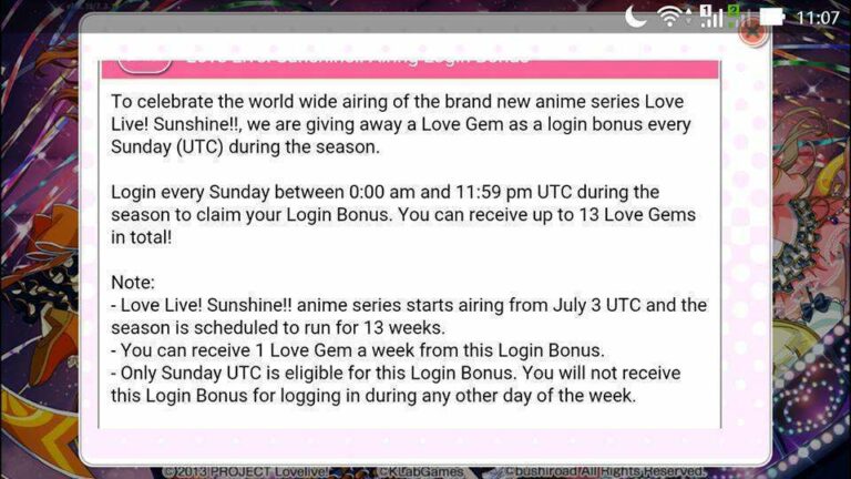 Pengumuman event menyambut penayangan Love Live! Sunshine!! di game LLSIF versi bahasa Inggris.