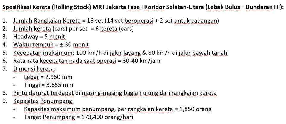 Spesifikasi kereta MRT Jakarta | Sumber: MRT Jakarta (Facebook)