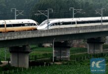 Dua Purwarupa kereta cepat, Blue Dolphin dan Golden Phoenix saat berpapasan | Foto: New China