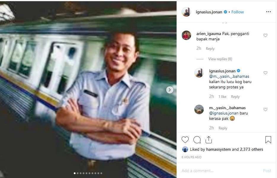 Jonan menanggapi komentar warganet mengenai kinerja Edi Sukmoro. (IG @ignasius.jonan)