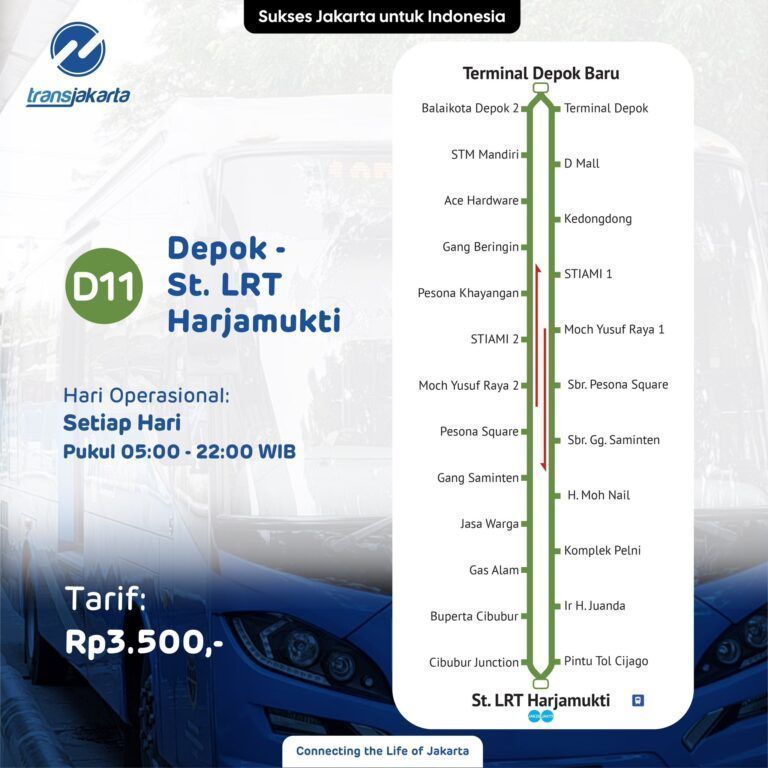 Peta rute D11 Transjakarta setelah diperpendek hanya sampai LRT Harjamukti.