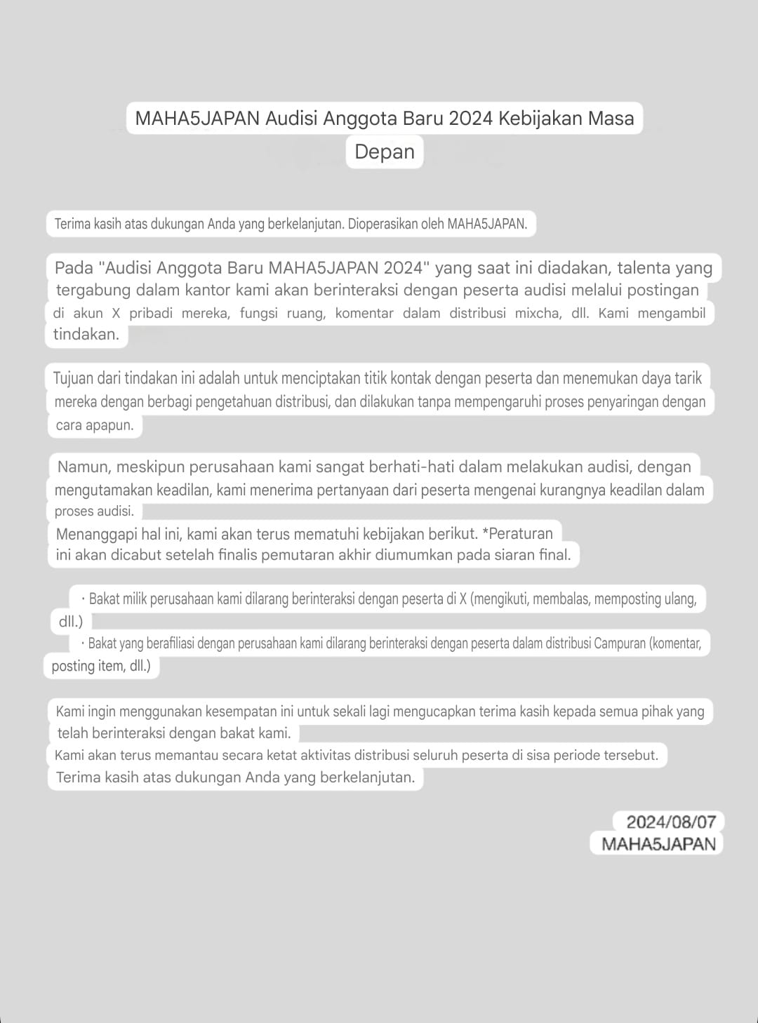 Terjemahan dari isi surat kebijakan audisi baru MAHA5JAPAN