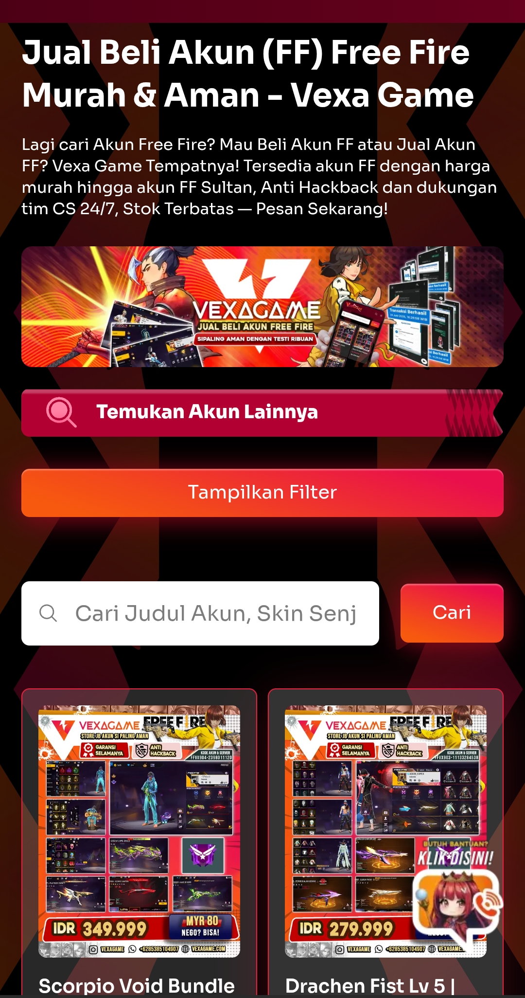 Fitur Beli Account Game Free Fire di VexaGame